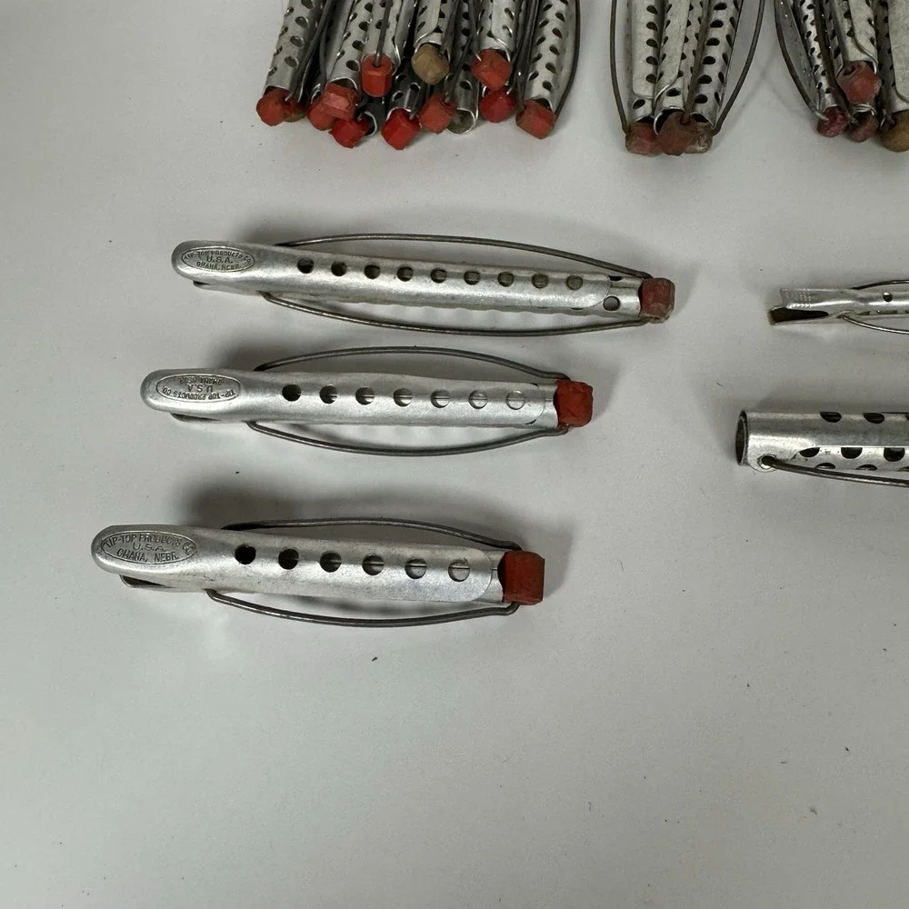 Vtg Tip-Top‎ Products Aluminum Hair Curlers Rollers Omaha Red Tips Lot of 49 MCM